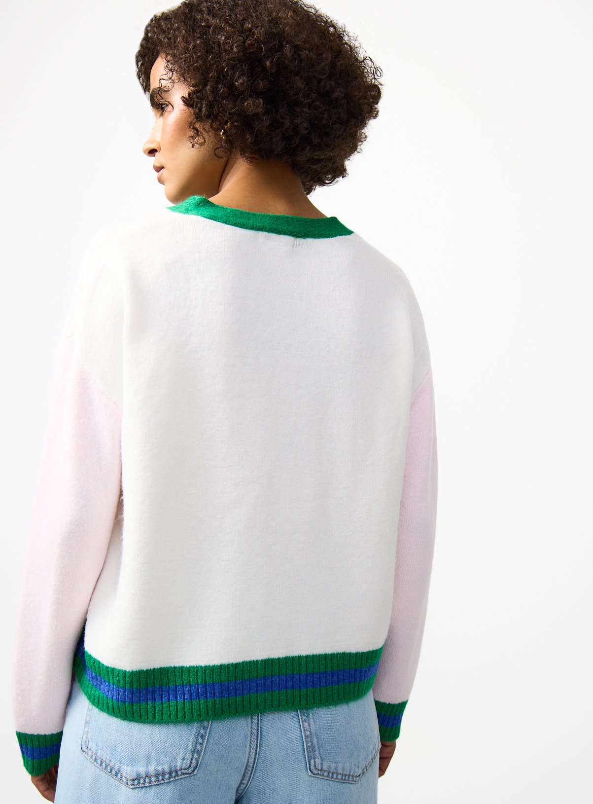 White Pink and Green Colour Block Knitted V Neck Cardigan S - Image 4 thumbnail